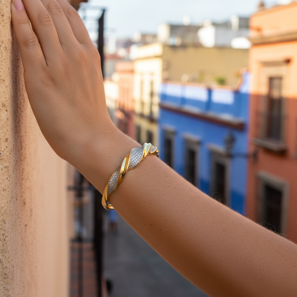 Twisted Pavé Gold Bangle – Soft Sparkle