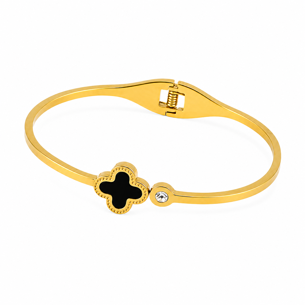 Gold Clover & Crystal Bangle ā Elegant Enamel Bracelet