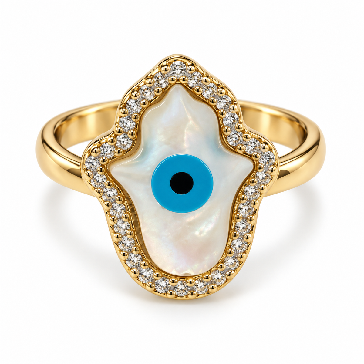 Hamsa Evil Eye Gold Ring – & Mother of Pearl(Free size)