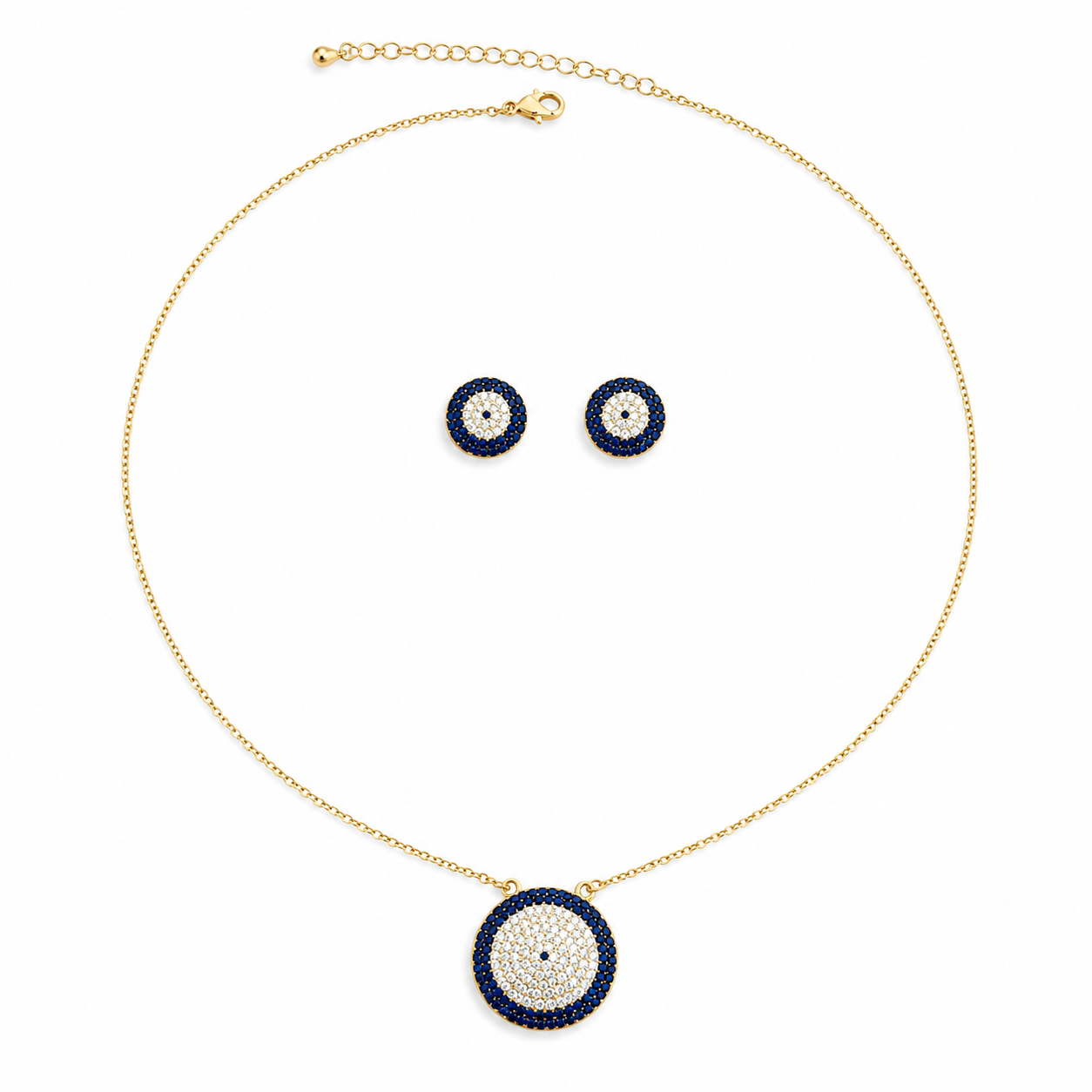 Blue Evil Eye Necklace & Stud Earrings Set