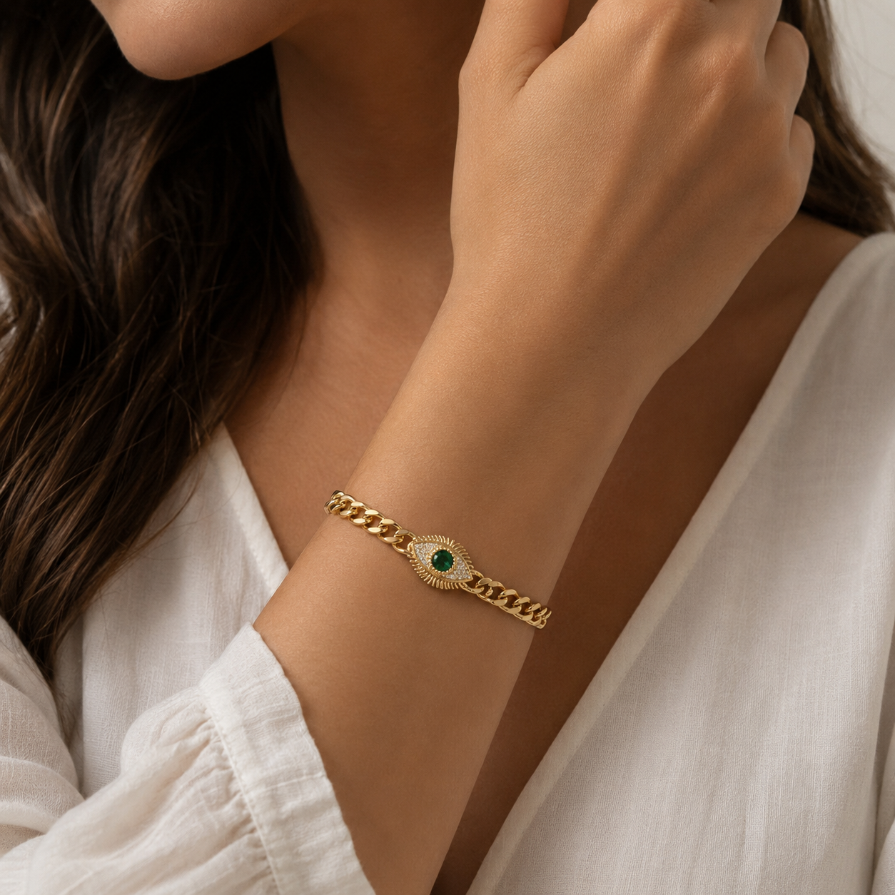 Gold Green Stone Evil Eye Bracelet â¨