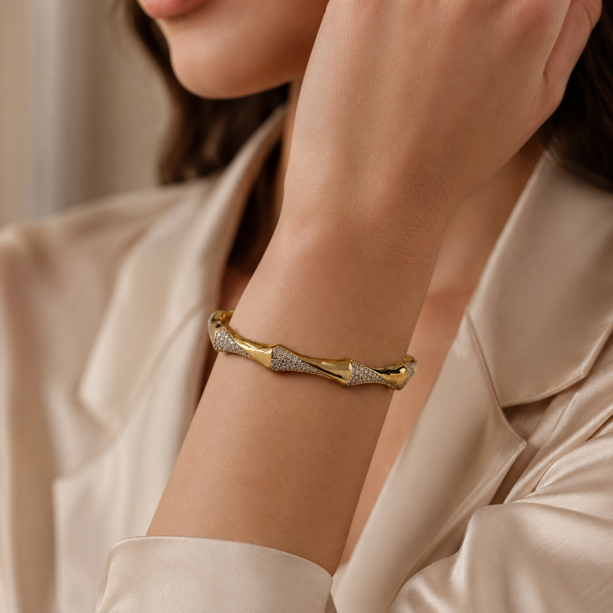 Bamboo Luxe Two-Tone Cuff Bracelet – 18K Gold-Plated & Pavé Accents