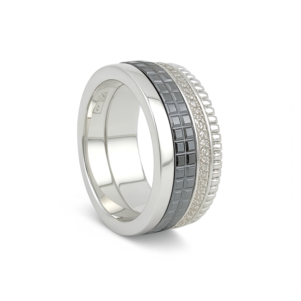 Silver 925 Bocherone Ring – Silver & Black Luxe Band