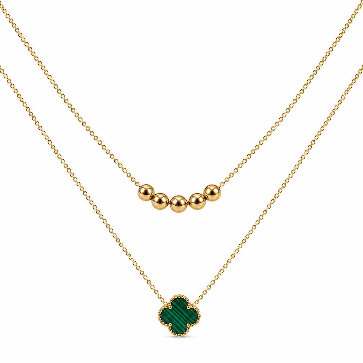 Layered Green Clover & Gold Beads Necklace