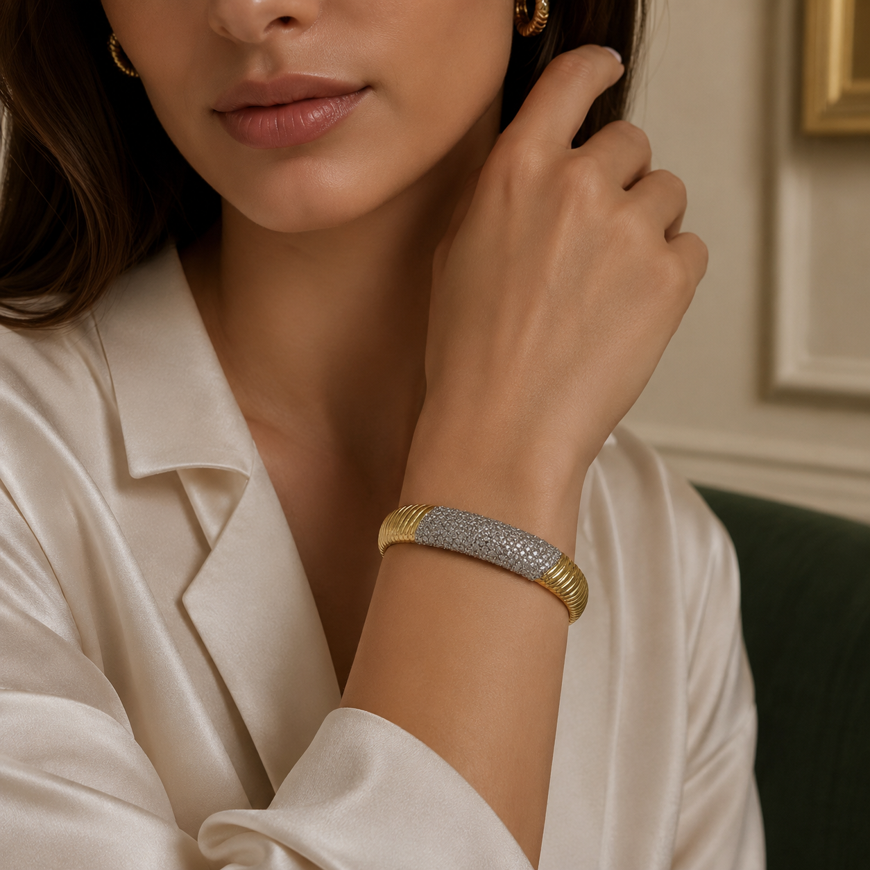 Luxe Ribbed Cuff Bracelet – 18K Gold-Plated with Pave Stones ✨