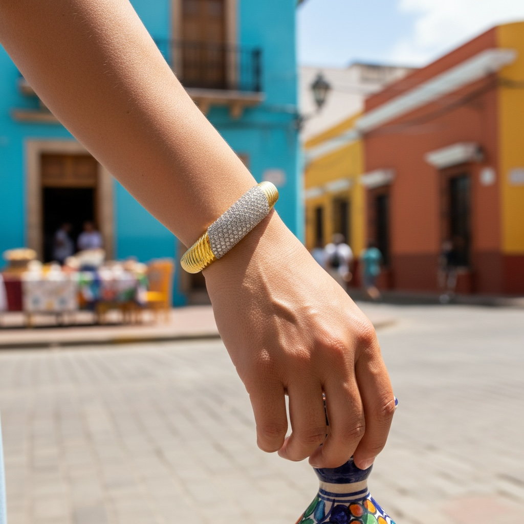 Luxe Ribbed Cuff Bracelet – 18K Gold-Plated with Pave Stones ✨