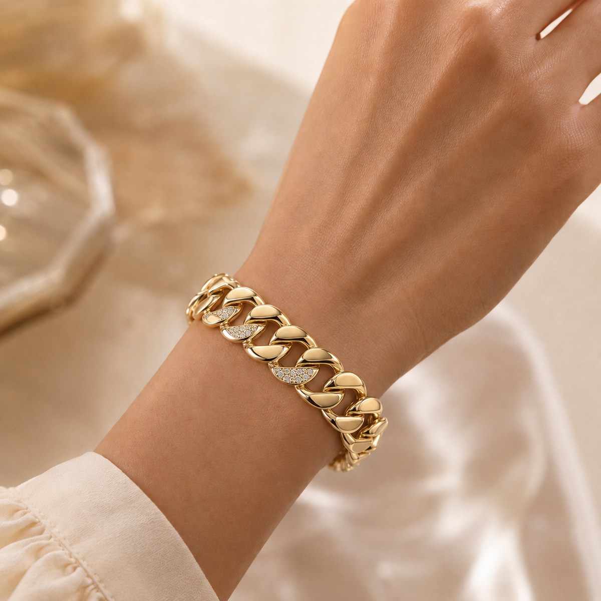 Gold Cuban Link Bracelet with Diamond Accents