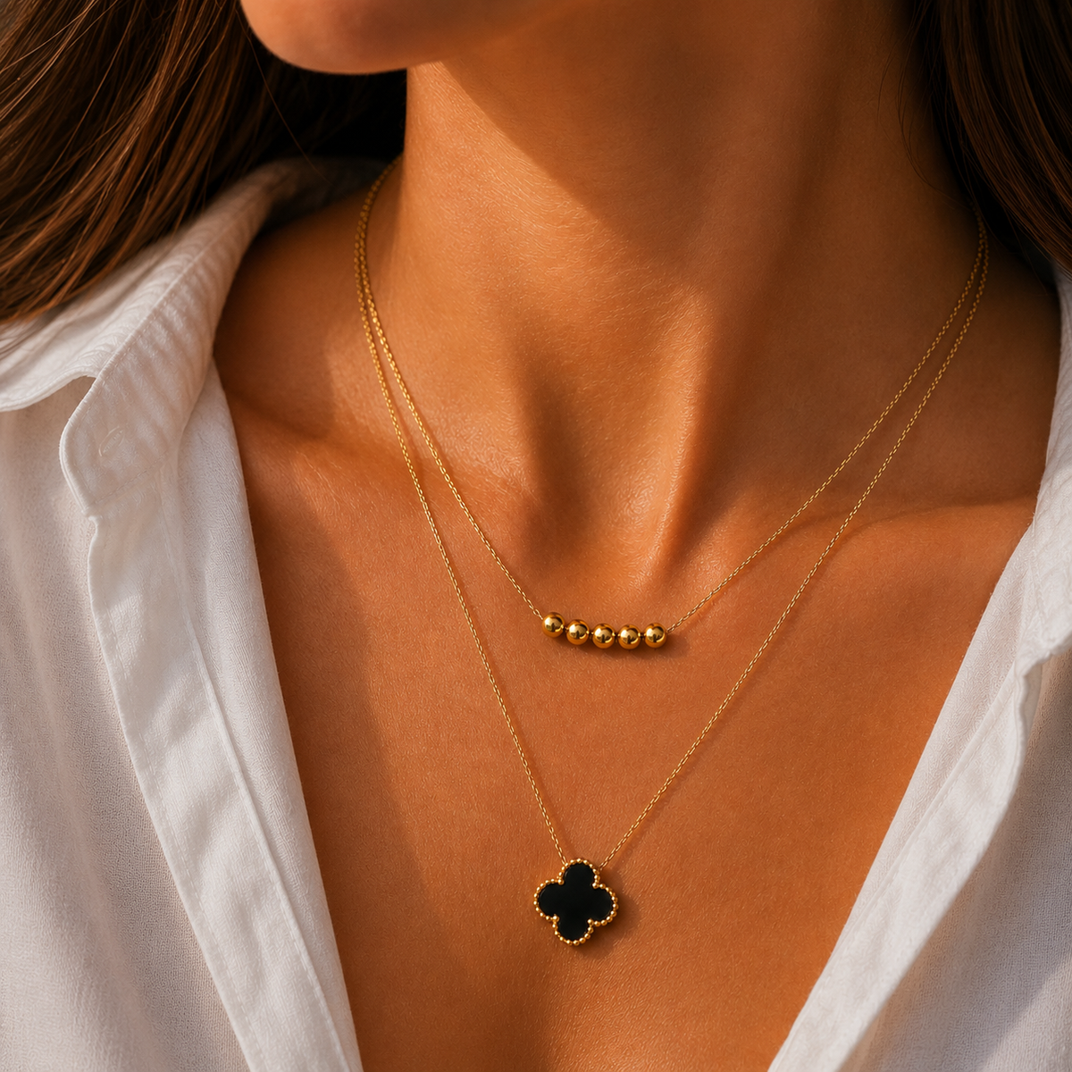Layered Green Clover & Gold Beads Necklace