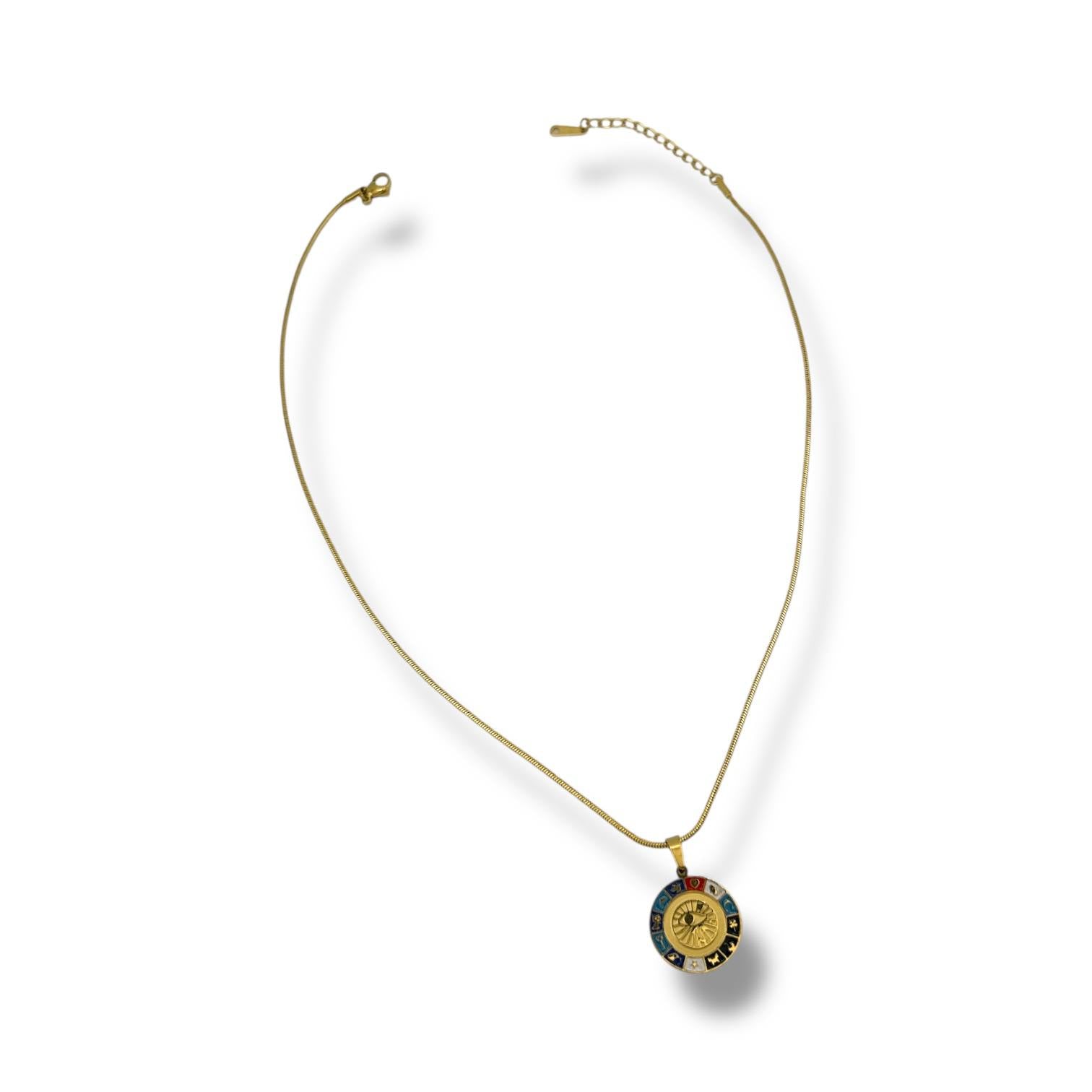 Zodiac Wheel Medallion Necklace ā Gold Plated with Colorful Enamel