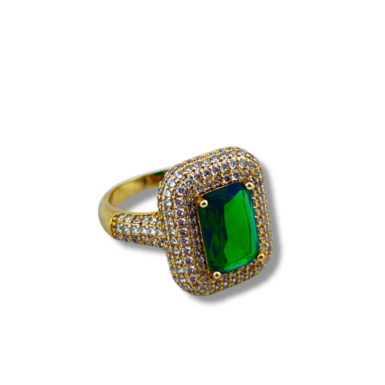 Emerald & Diamond Luxe Cushion Ring – Gold Plated Elegance
