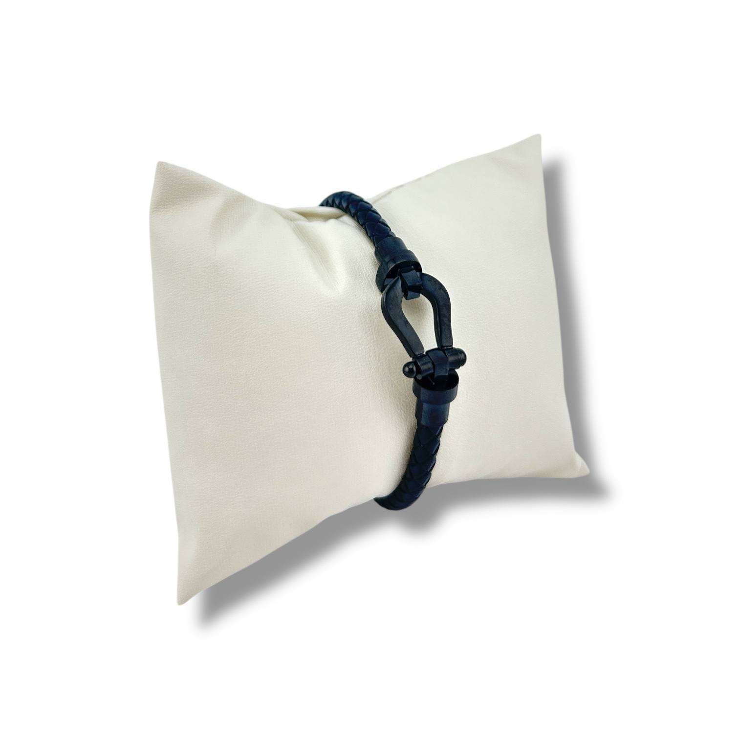 β Black Clasp Braided Leather Bracelet β Matte Steel Edition