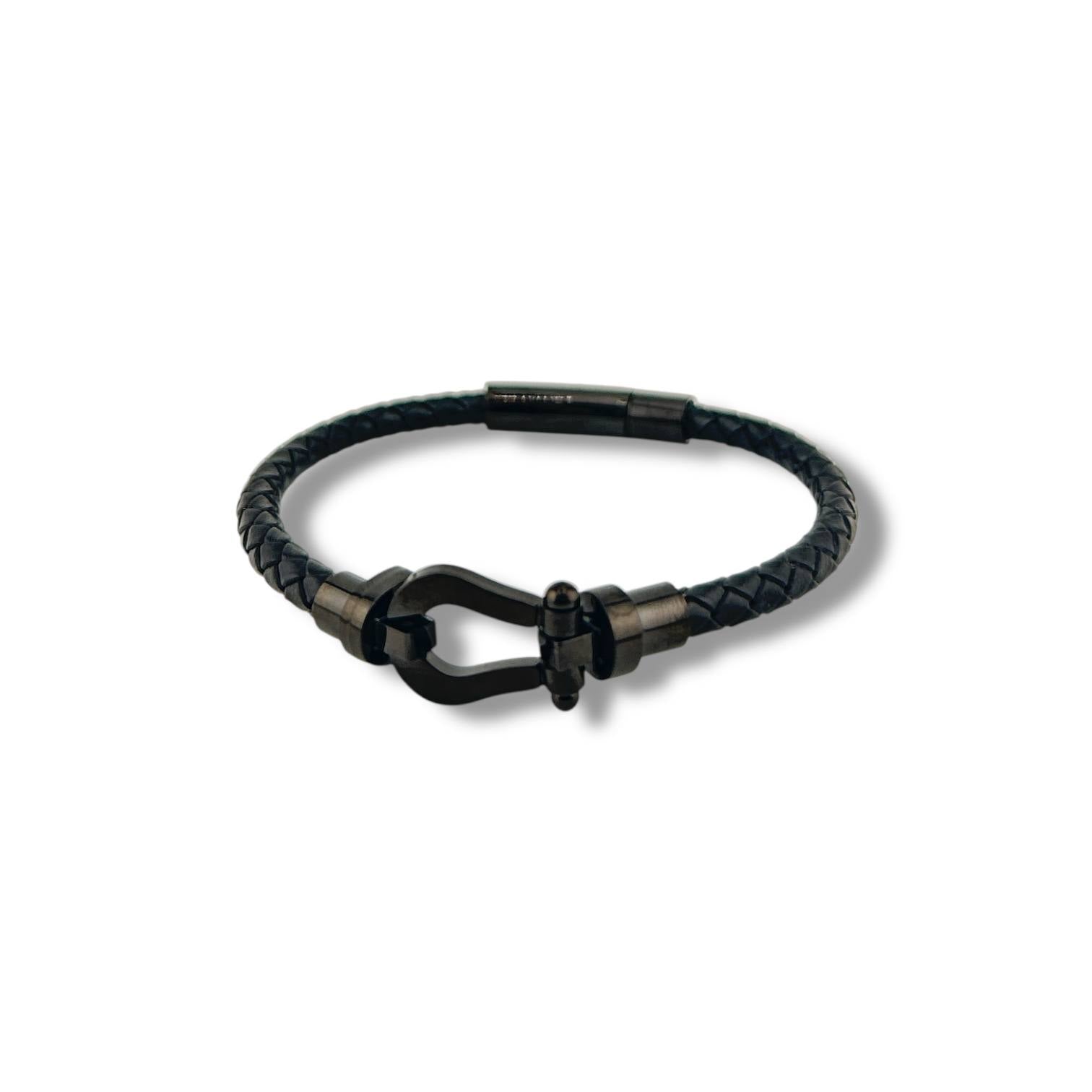 β Black Clasp Braided Leather Bracelet β Matte Steel Edition