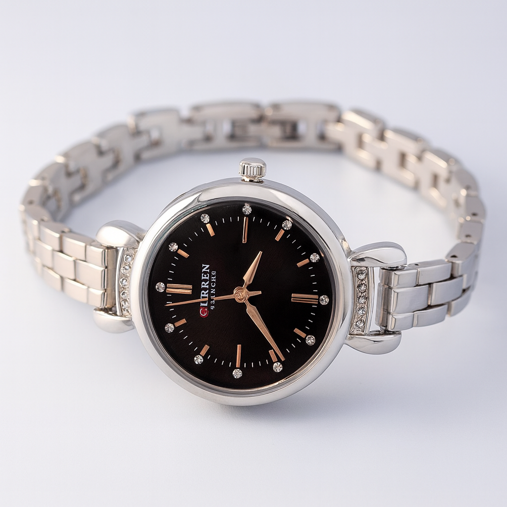 Curren Women’s Silver Watch – Black Dial with Crystal Accents