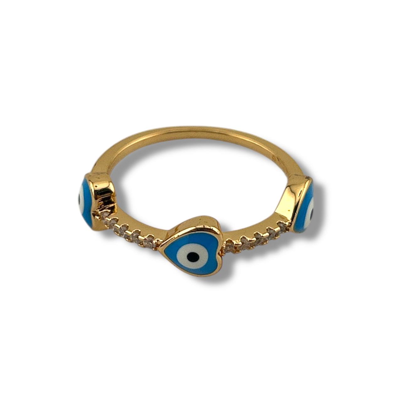Trio Heart Eye Ring – Gold & Blue Enamel