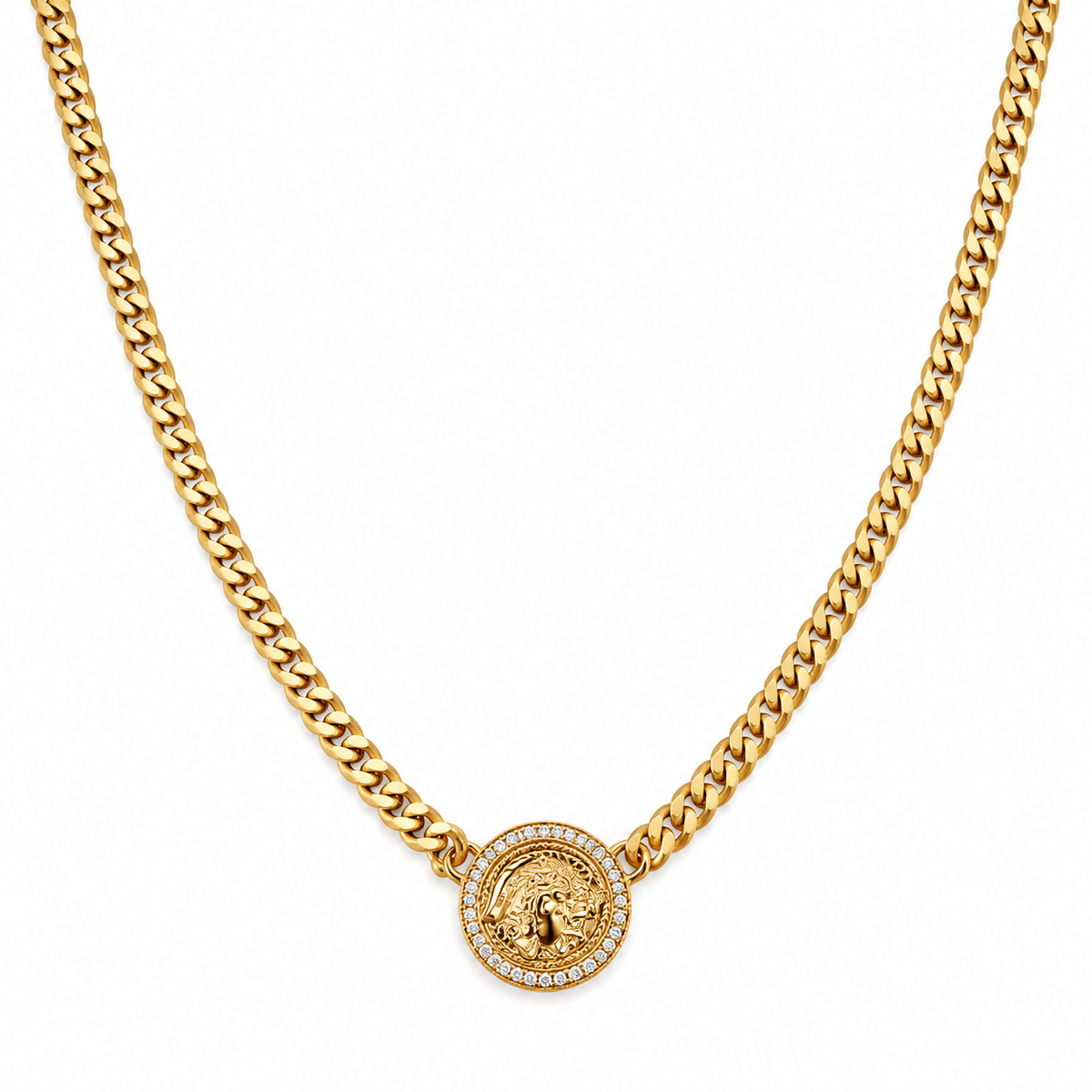Gold-Tone coin Medallion Curb Chain Necklace