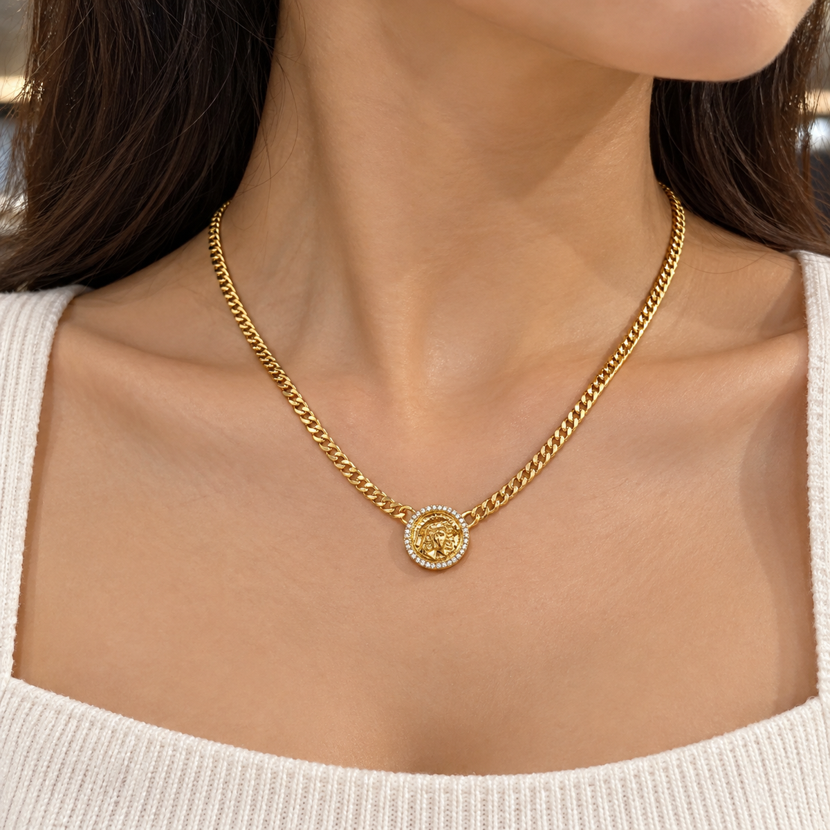 Gold-Tone coin Medallion Curb Chain Necklace