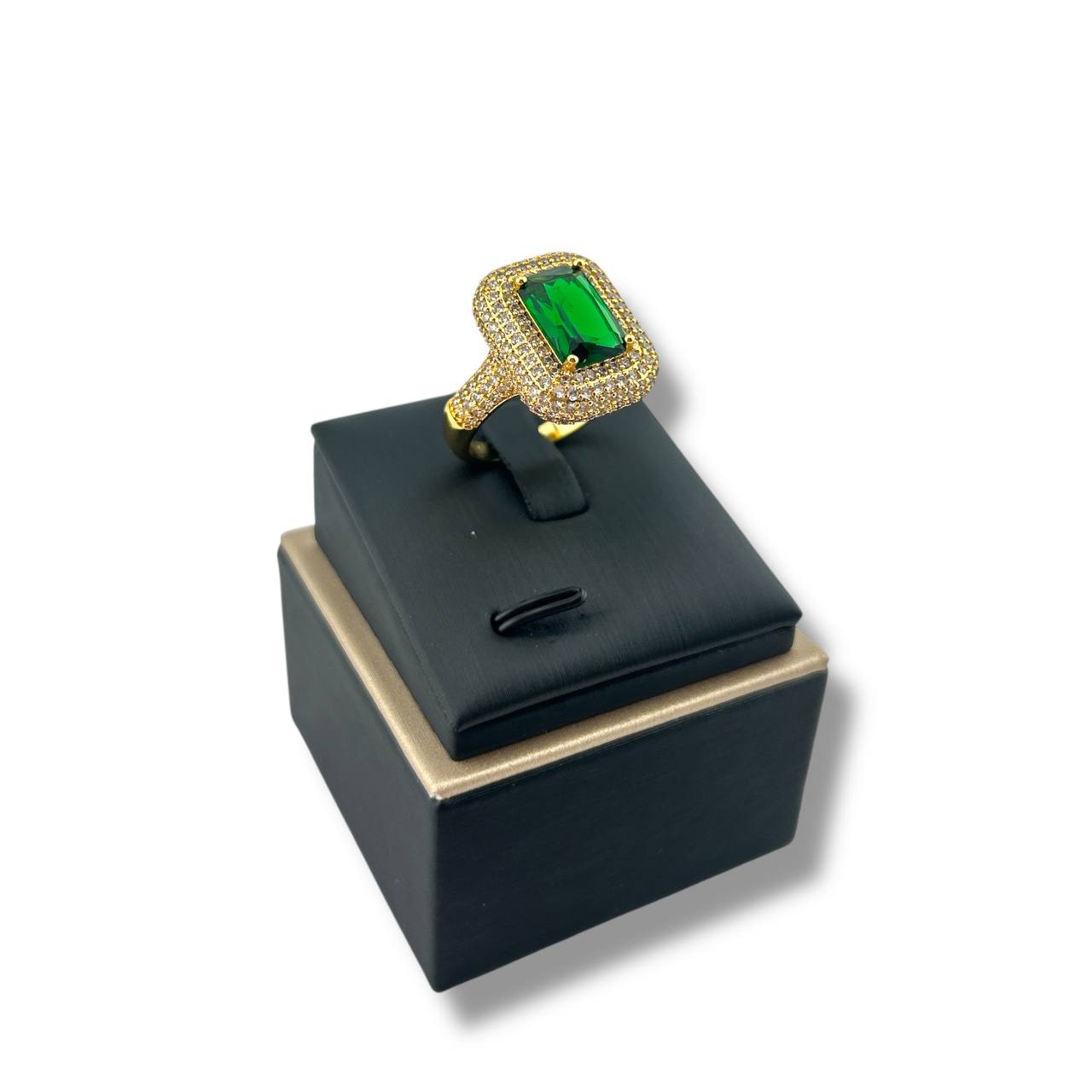 Emerald & Diamond Luxe Cushion Ring – Gold Plated Elegance