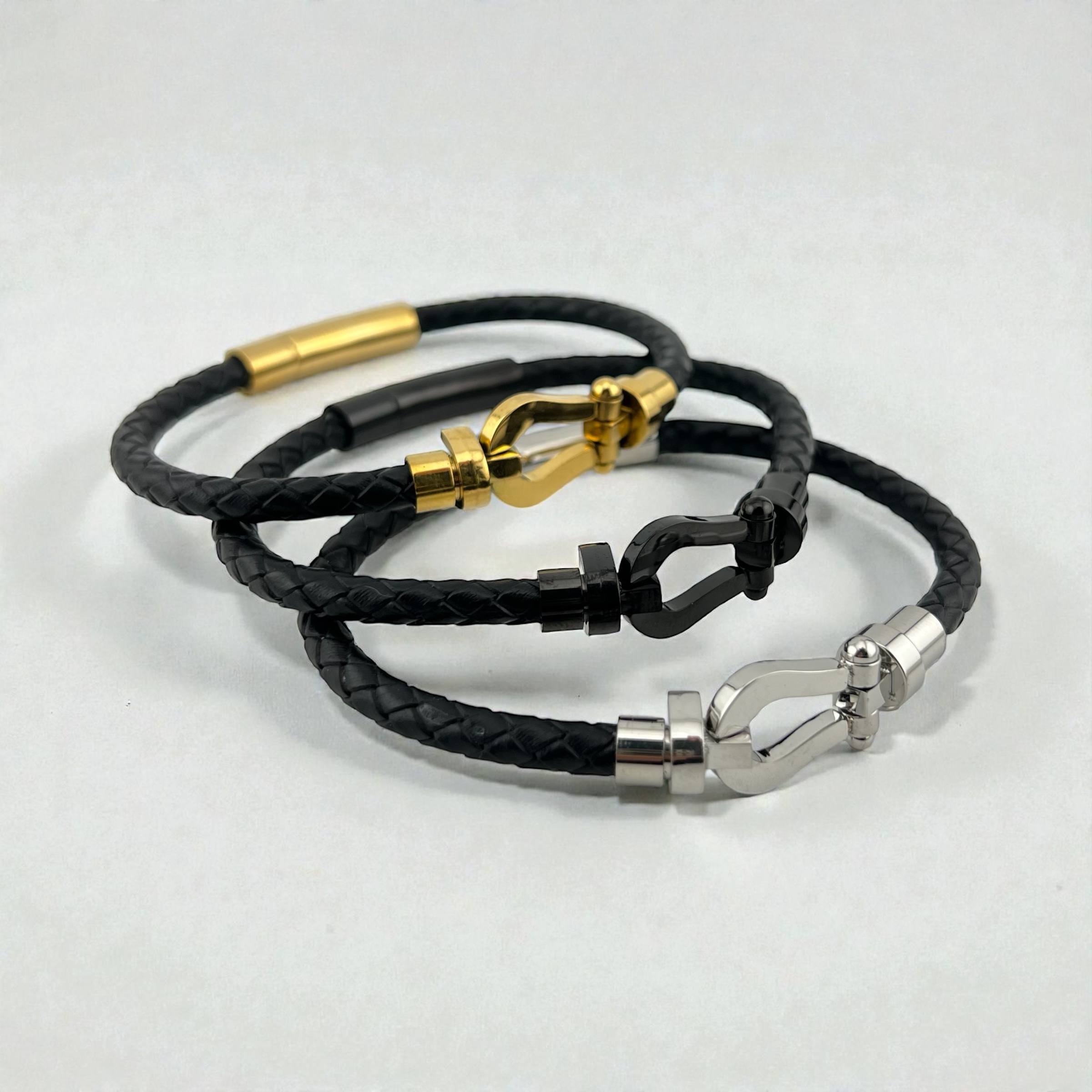 ⚓ Black Clasp Braided Leather Bracelet – Matte Steel Edition