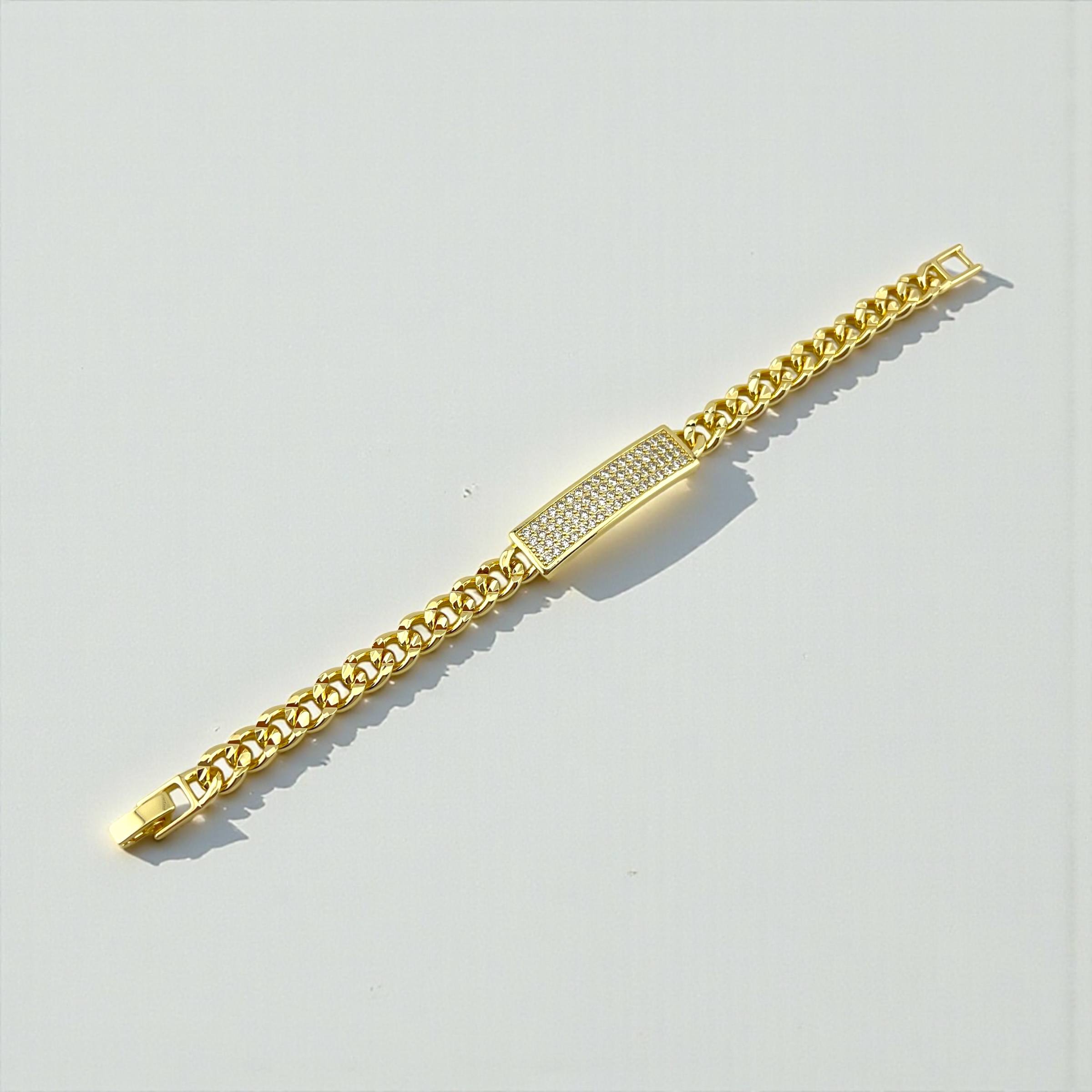 Gold Cuban Link strip Bracelet with Pave Bar 18k đ