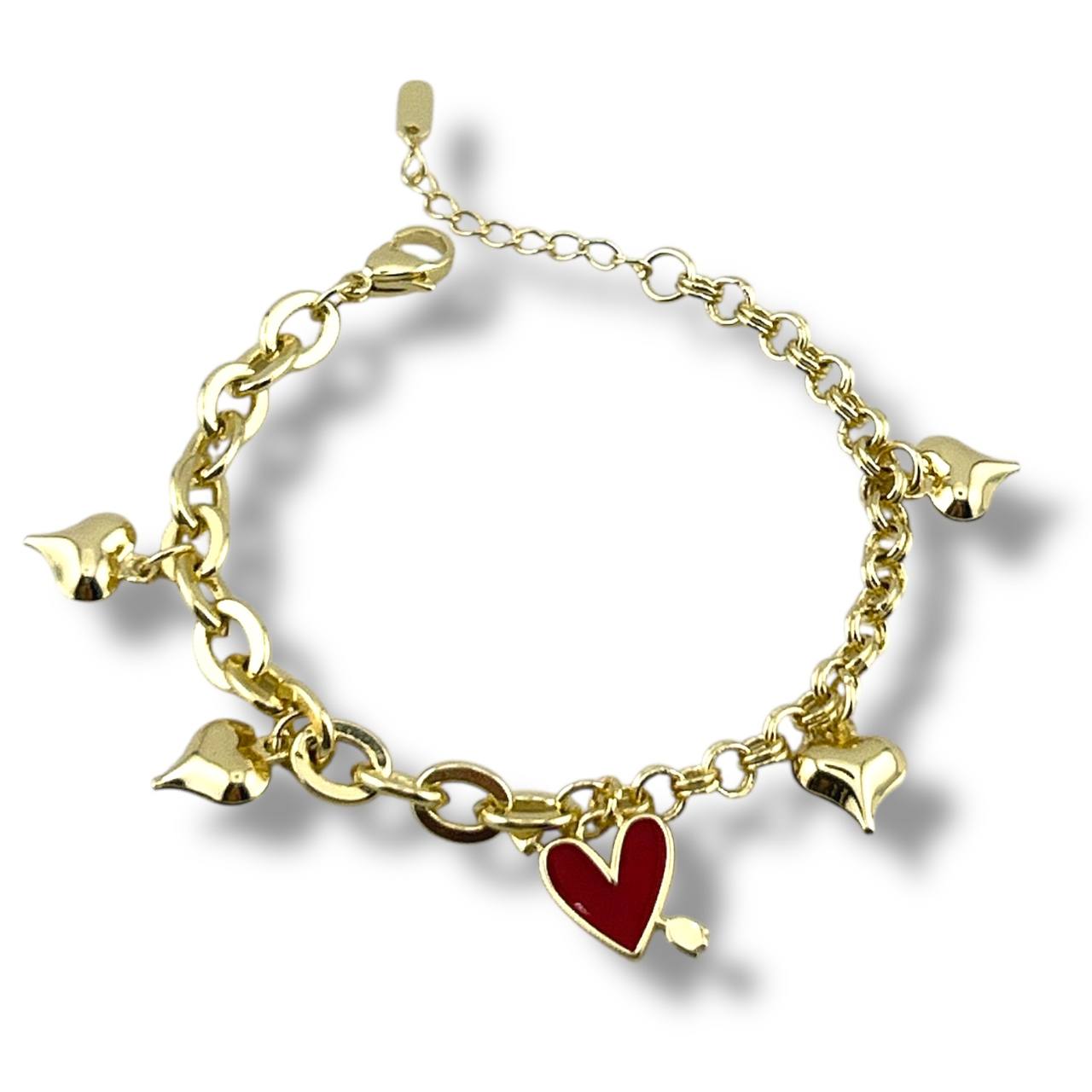 Golden Charm Bracelet with Red Heart Pendant – Playful & Romantic