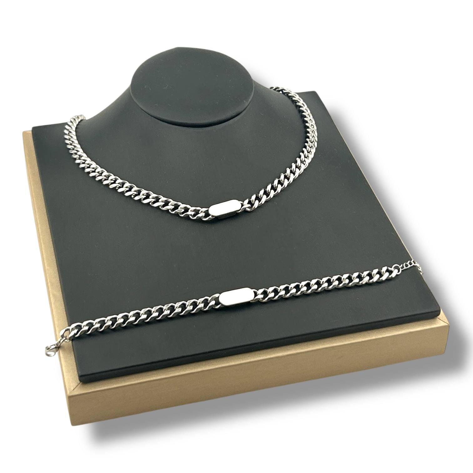 Silver Cuban Chain Necklace & Bracelet Set – Minimalist Edition