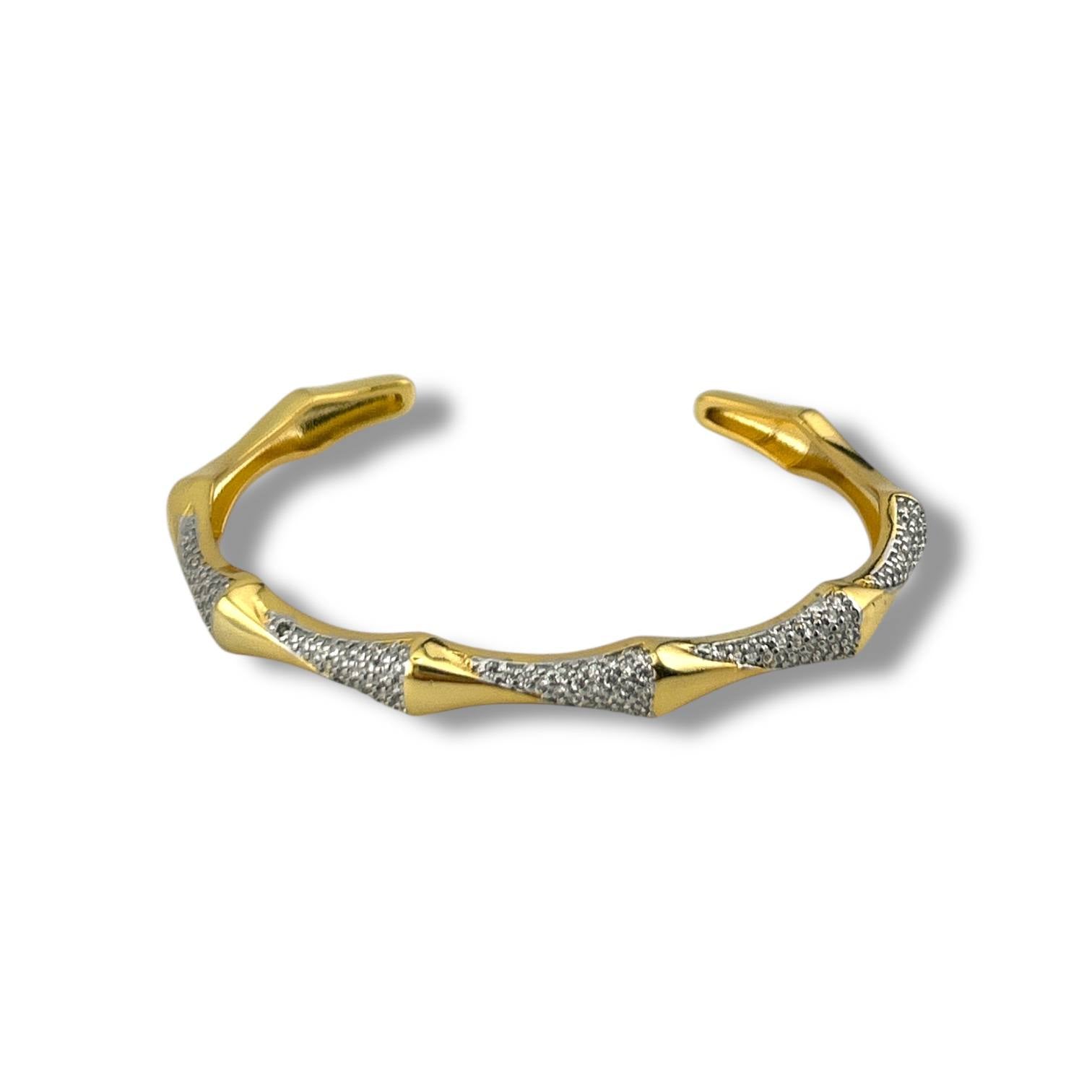 Bamboo Luxe Two-Tone Cuff Bracelet – 18K Gold-Plated & Pavé Accents