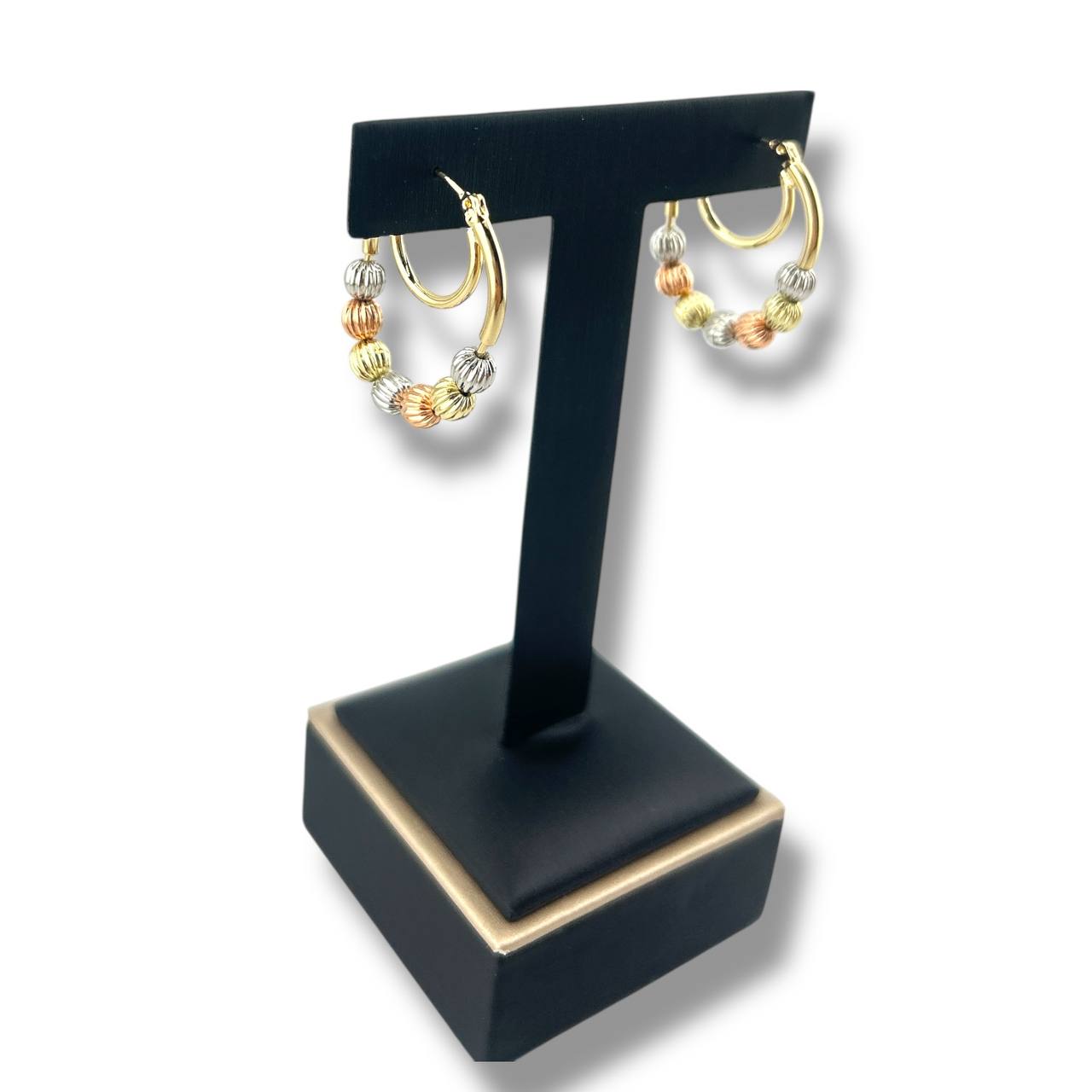 ✨ Multi-Tone Beaded Hoop Earrings – Gold, Silver & Rose Gold Plated