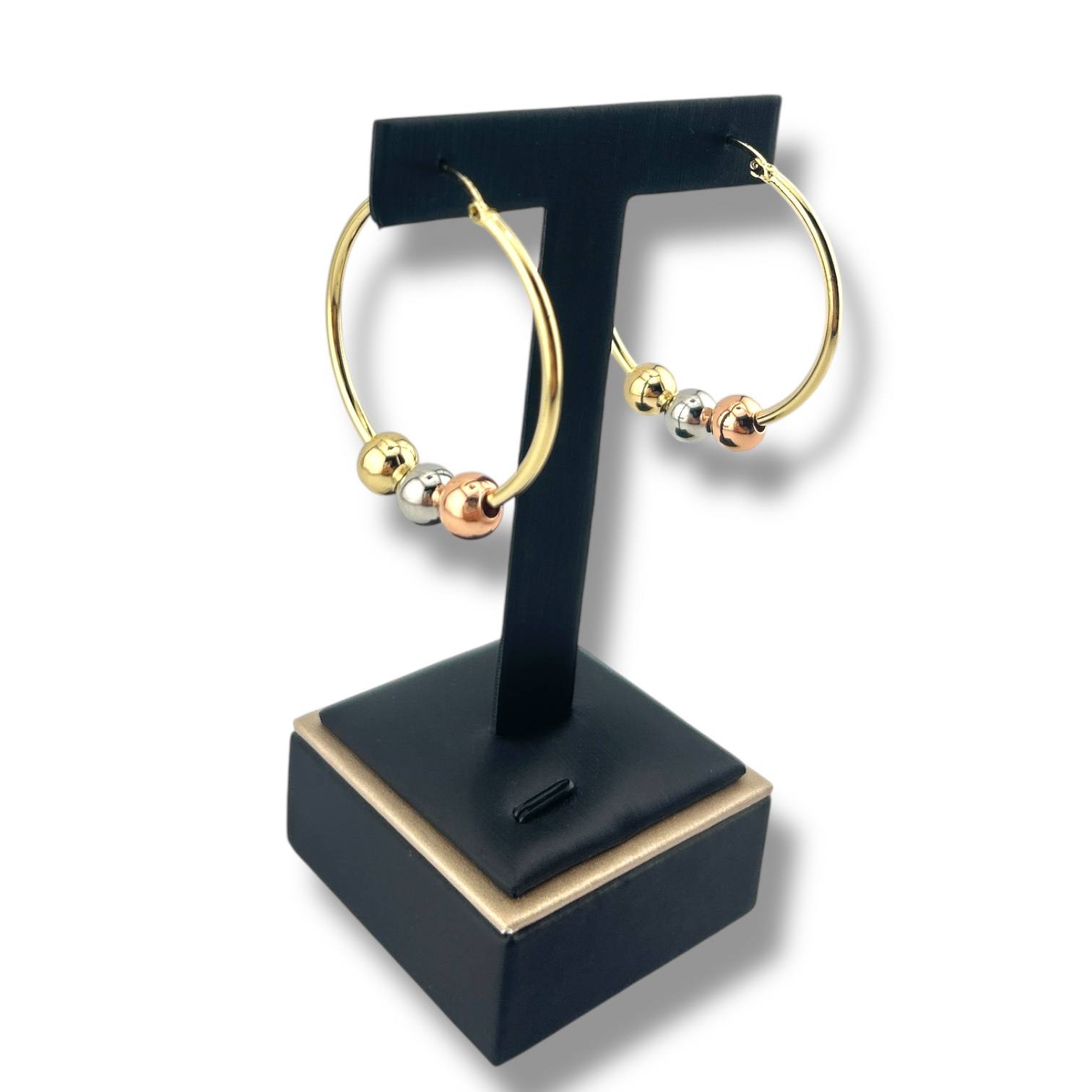 Sleek Multi-Tone Bead Hoop Earrings – Gold, Silver & Rose Gold Plated
