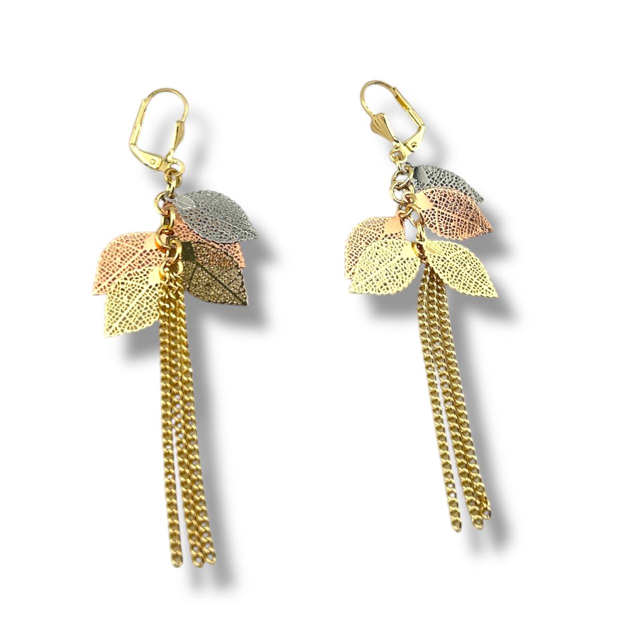 Multi-Tone Leaf Drop Earrings – Gold, Silver & Rose Gold Plated