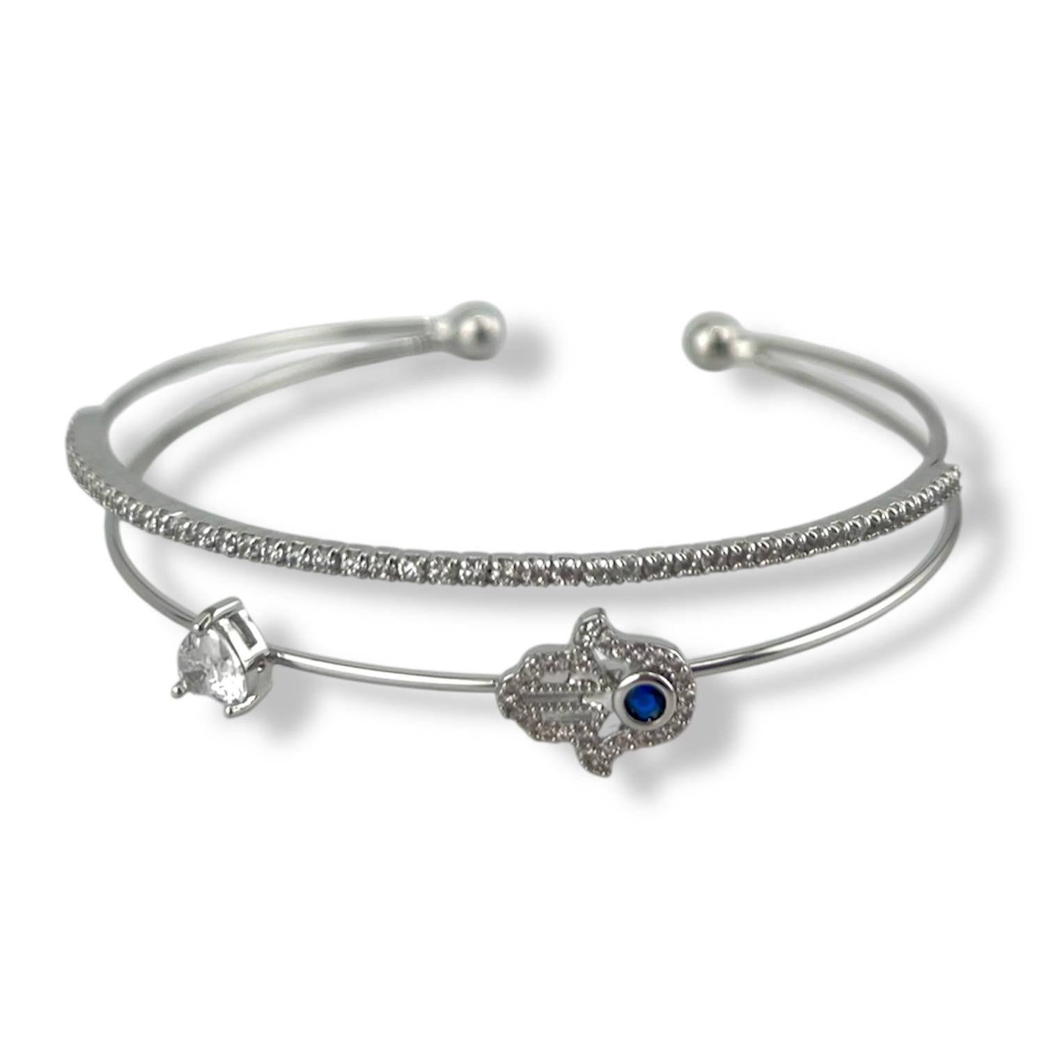 Elegant Silver Cuff Bracelet – Hamsa, Heart & Crystal Accents 🤍✨