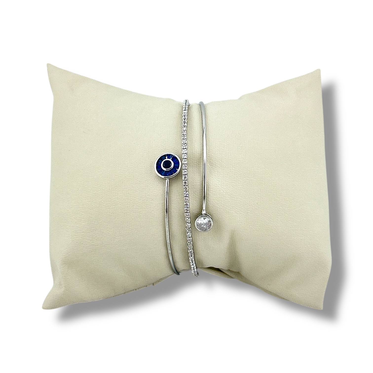 Silver Double-Band Bracelet – Blue Evil Eye & Crystal Charm 💙✨