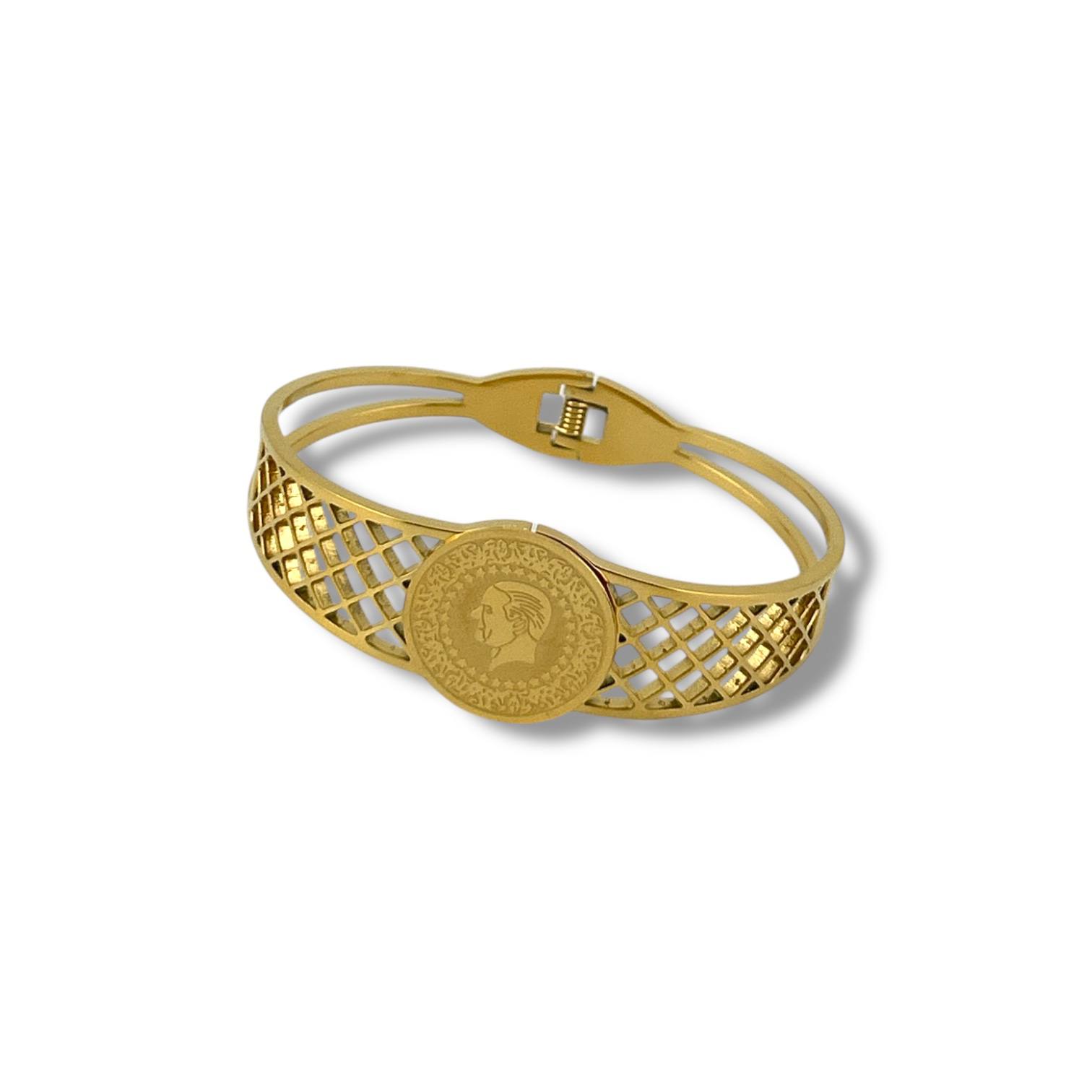Gold Coin Medallion Bangle – Vintage Lattice Design Bracelet