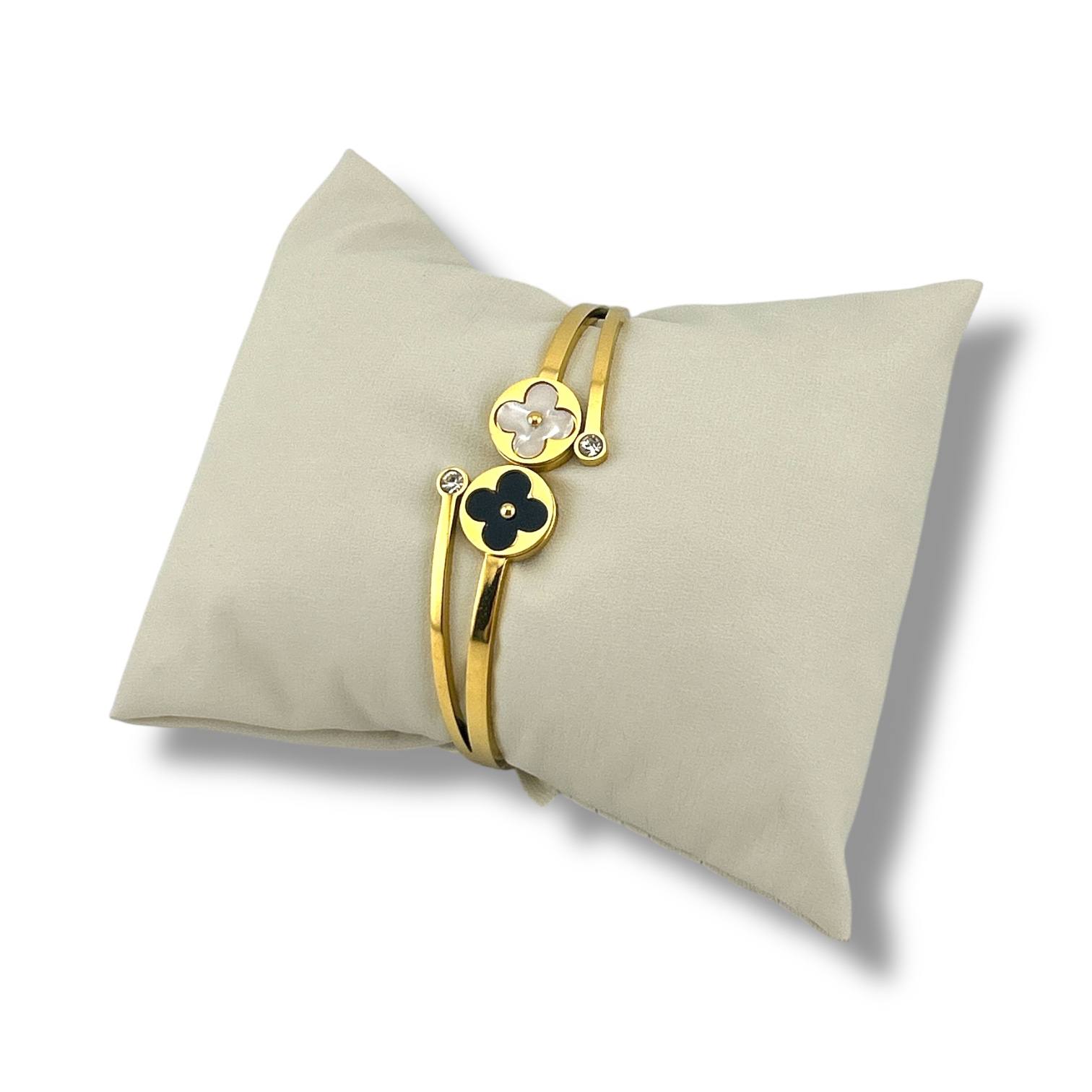 Gold Floral Duo Bangle – Black & White Enamel Flower Bracelet