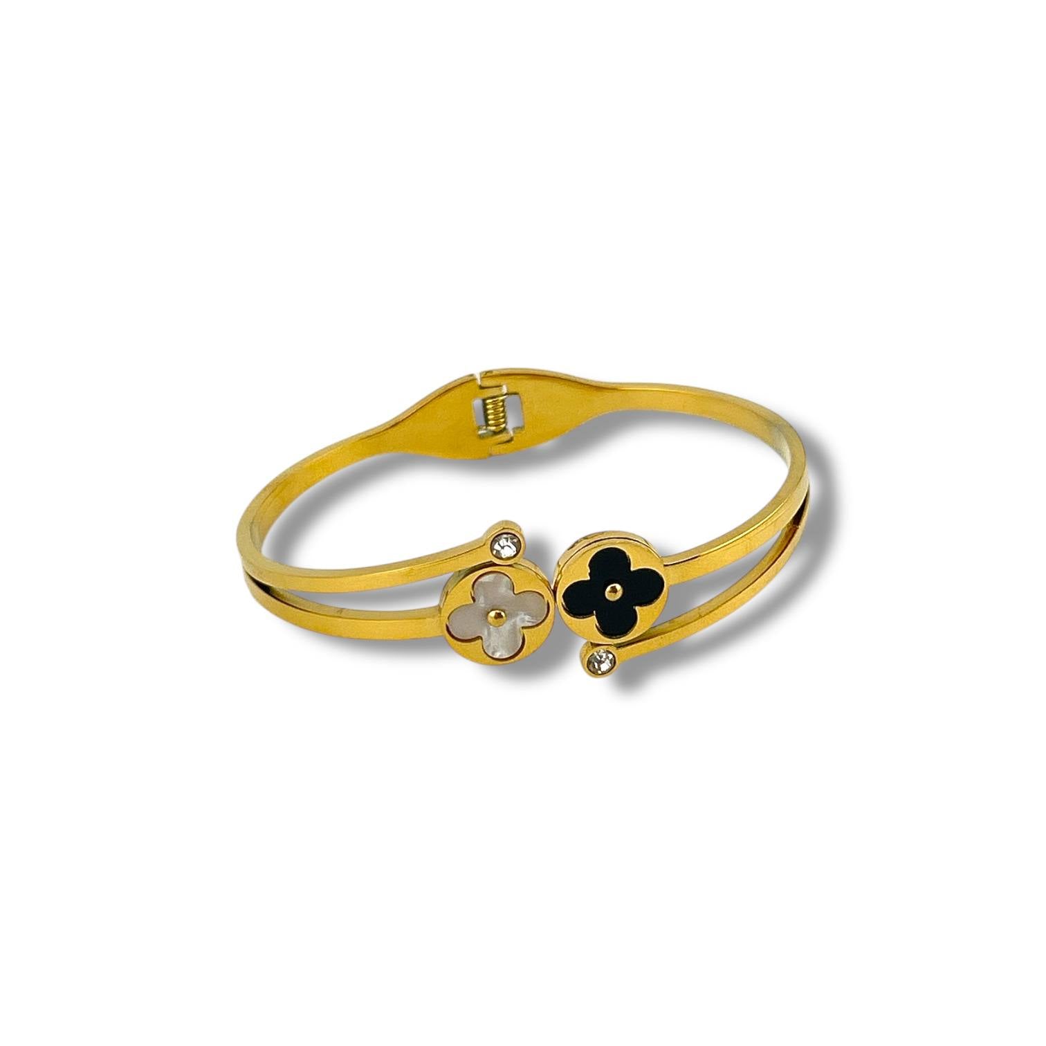 Gold Floral Duo Bangle – Black & White Enamel Flower Bracelet