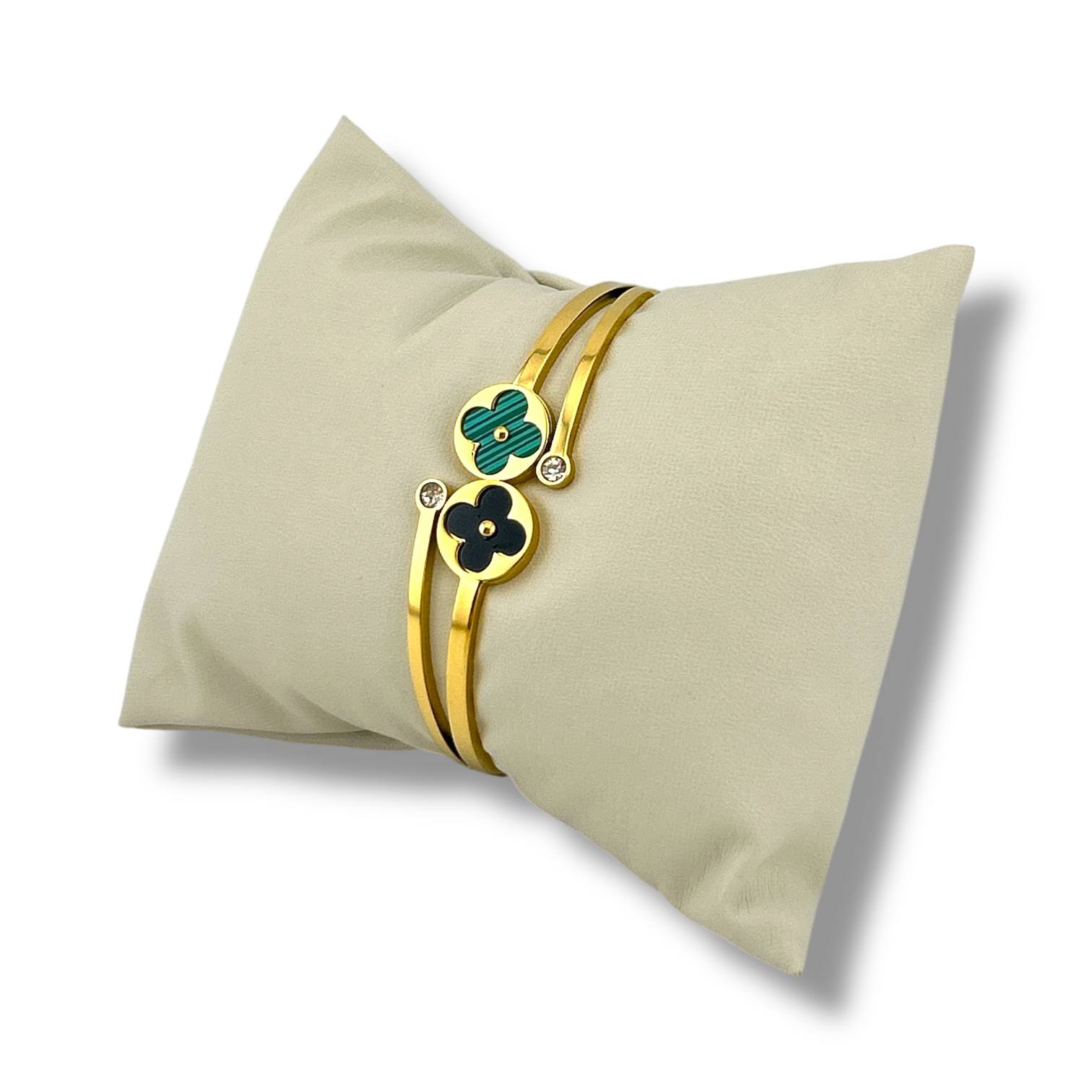 Gold Floral Duo Bangle – Black & White Enamel Flower Bracelet