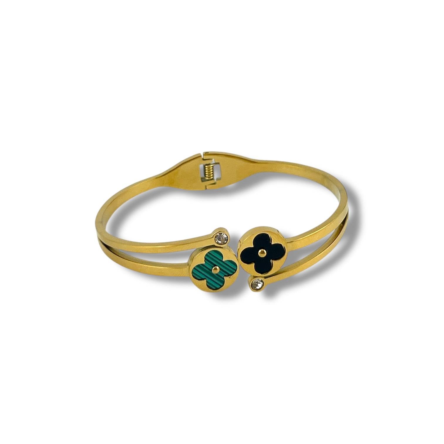 Gold Floral Duo Bangle – Black & White Enamel Flower Bracelet