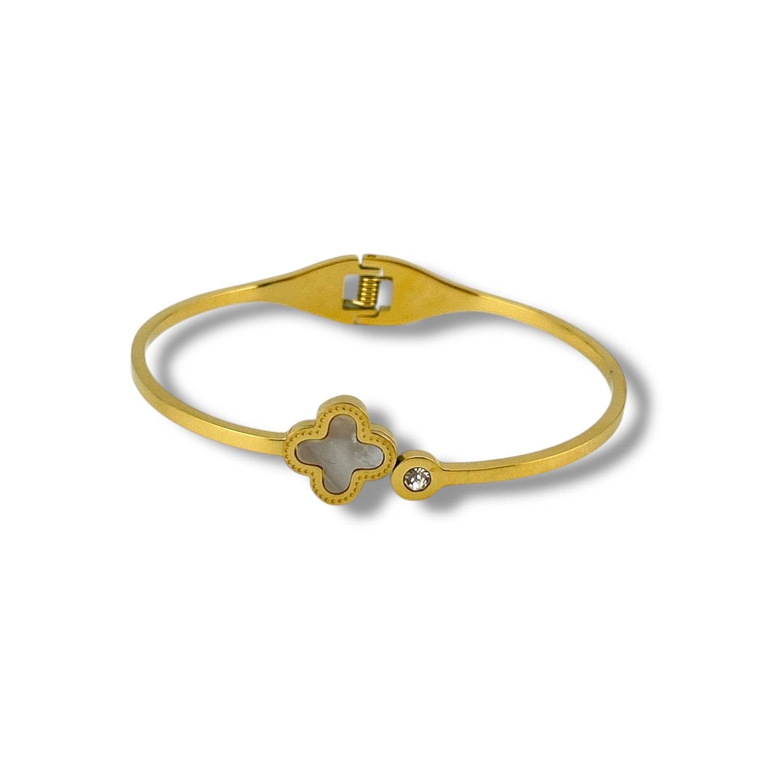 Gold Clover & Crystal Bangle – Elegant Enamel Bracelet