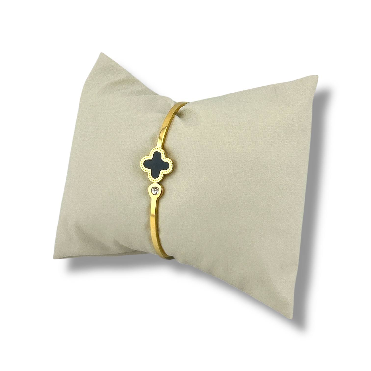 Gold Clover & Crystal Bangle – Elegant Enamel Bracelet