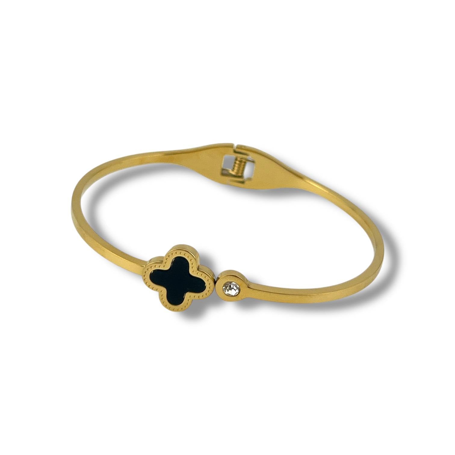 Gold Clover & Crystal Bangle – Elegant Enamel Bracelet