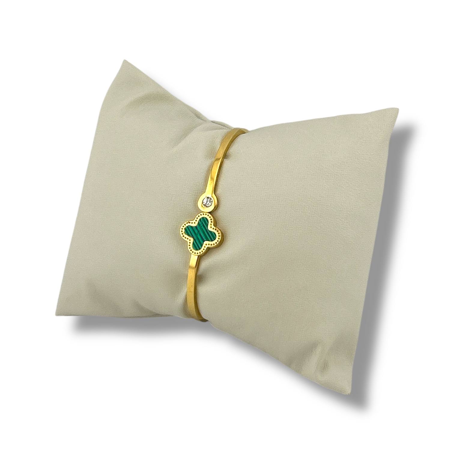 Gold Clover & Crystal Bangle – Elegant Enamel Bracelet
