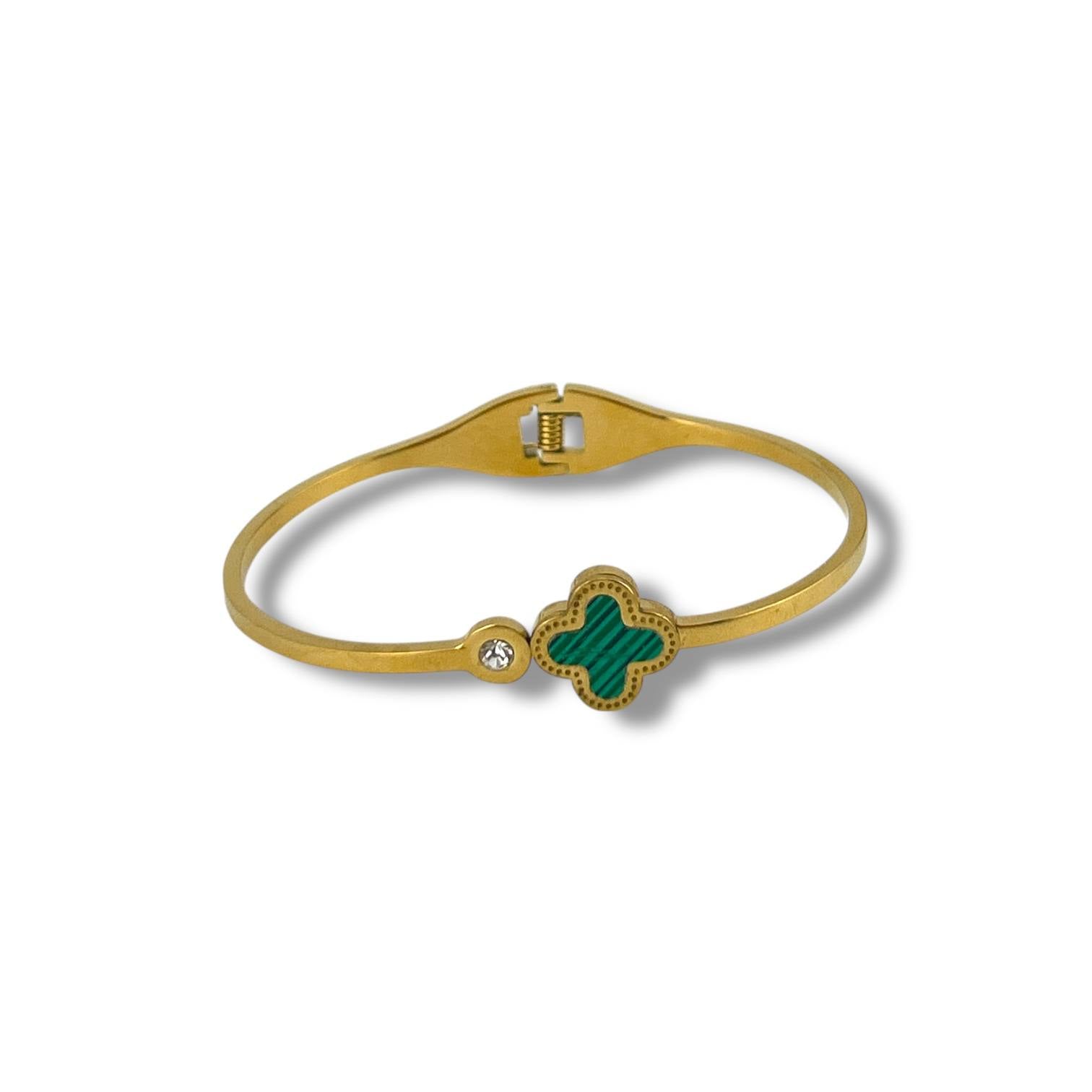 Gold Clover & Crystal Bangle – Elegant Enamel Bracelet