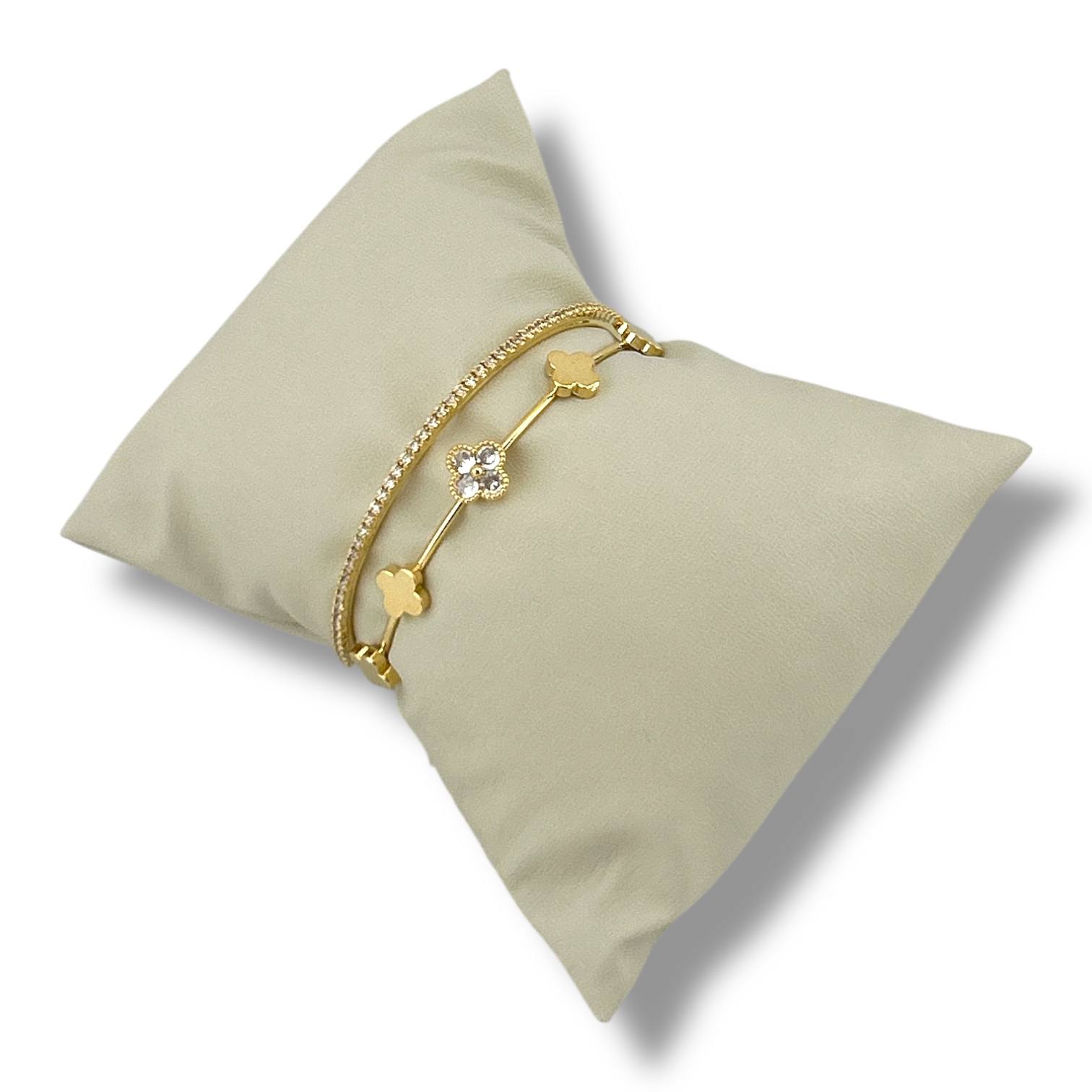 Gold Clover Double Band Cuff – Crystal Accent Open Bracelet