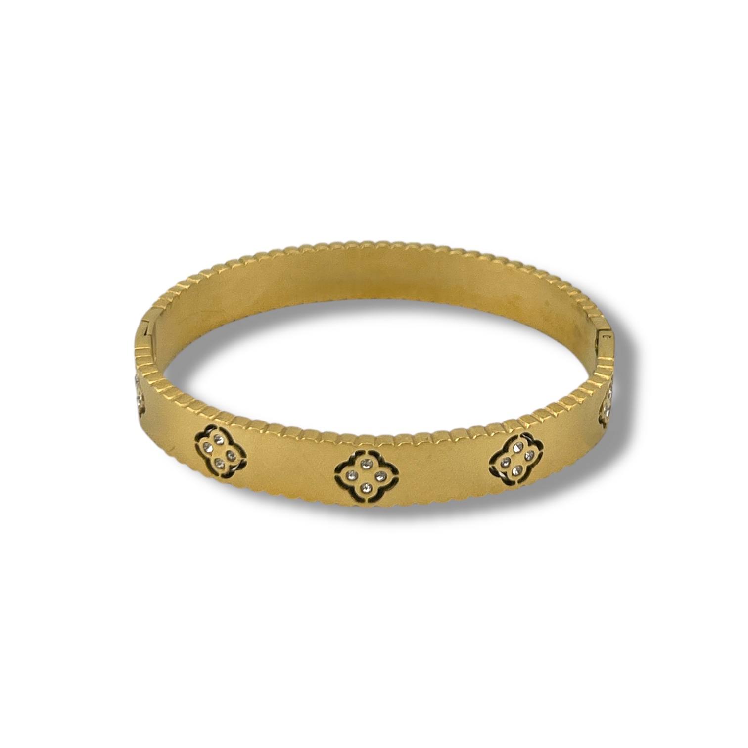 Gold Clover Pattern Bangle – Crystal Accent Bracelet