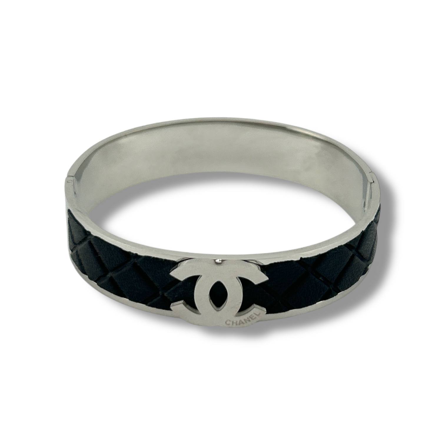 Chanel-Inspired Silver & Black Quilted Bangle | Timeless Elegance