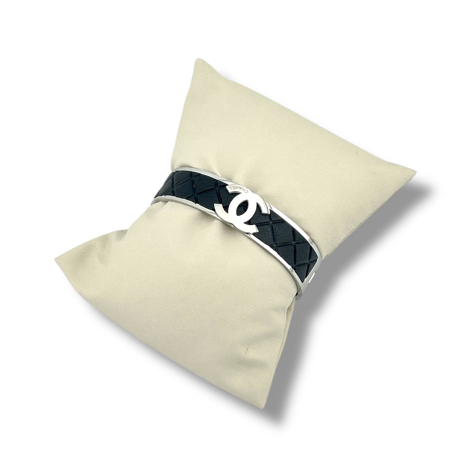 Chanel-Inspired Silver & Black Quilted Bangle | Timeless Elegance