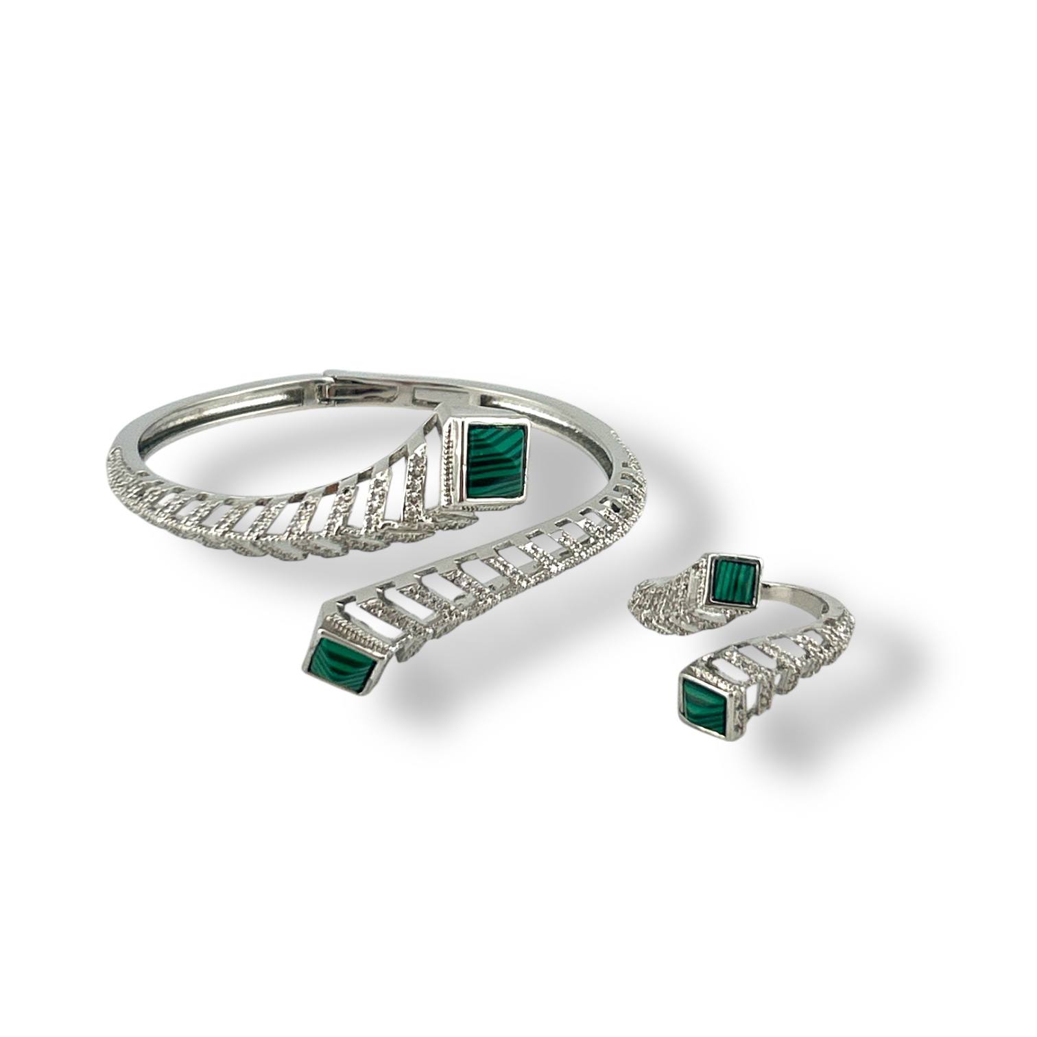 Silver Malachite Spiral Set β Bracelet & Ring