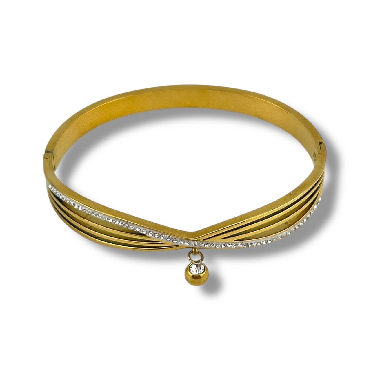 Twist Elegance Bangle with Crystal Charm – Gold & Silver