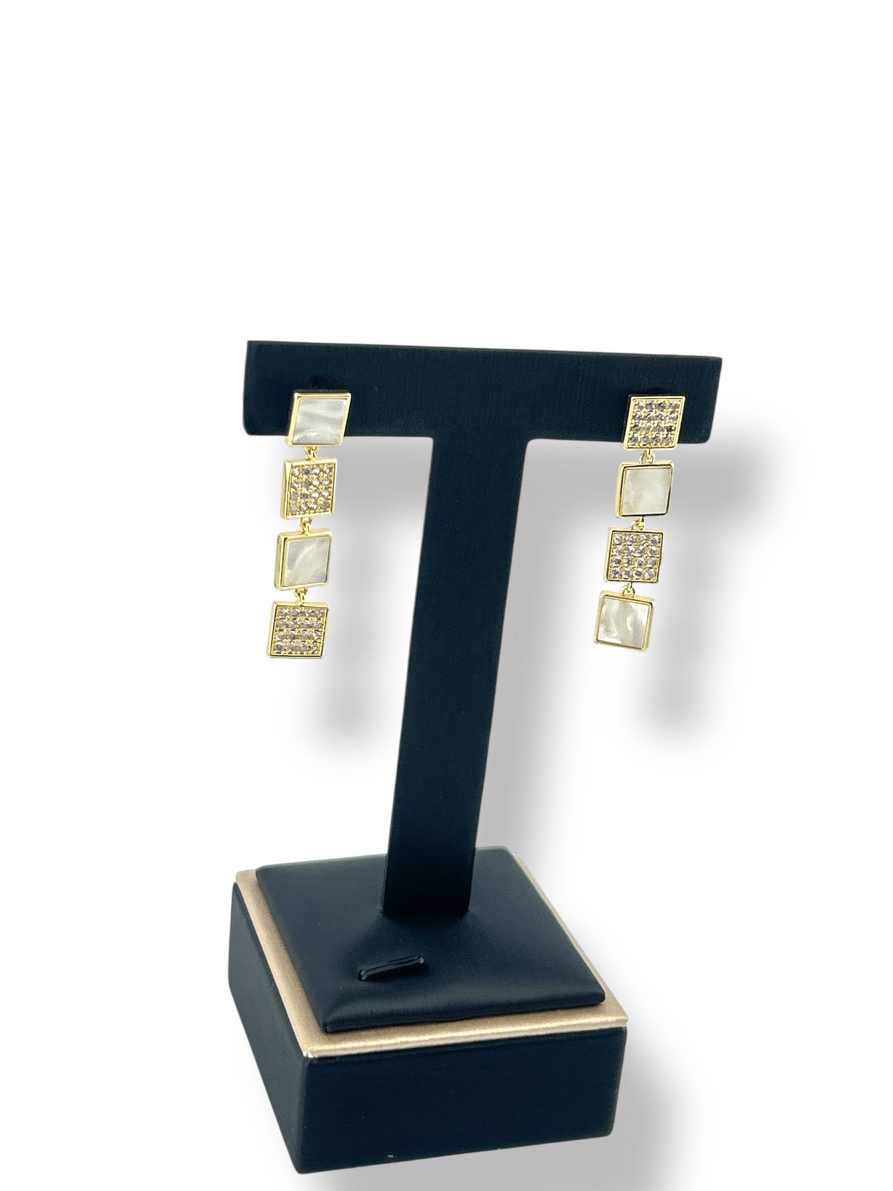 Geometric Glam Square Drop Earrings – Gold & White