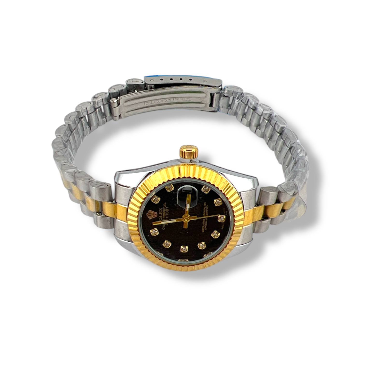 Two-Tone Elegance Women’s Watch – Black Crystal Dial