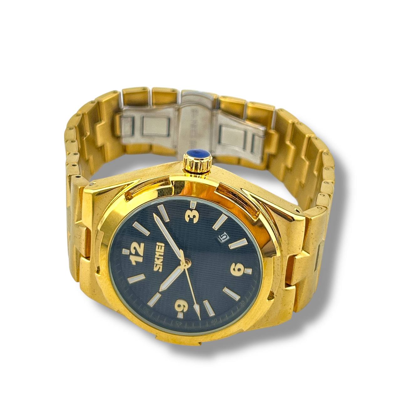 SKMEI Men’s Quartz Watch – Gold Case with Blue Dial